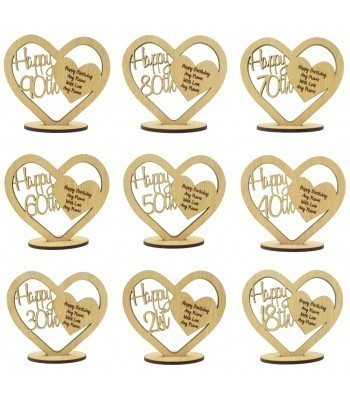 Laser Cut Oak Veneer Personalised Happy Birthday Heart on a Stand with Engraved Message
